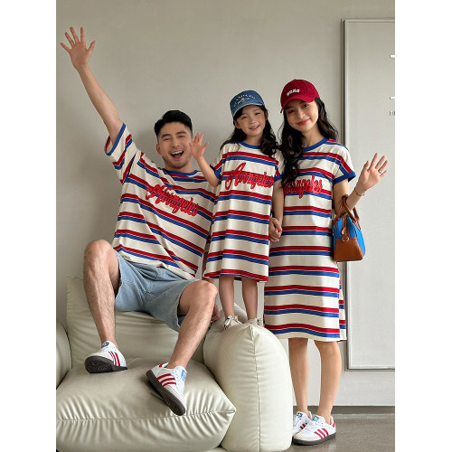 親子裝一家三口夏季純棉薄款字母條紋短袖T恤夏裝休閒母女連衣裙