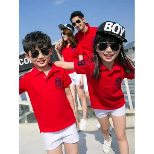 親子裝夏裝2025新款潮一家三口四口紅色polo短袖T恤母女款母子裝