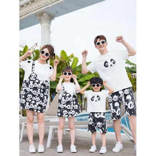 洋氣炸街親子裝夏裝2025新款潮卡通母女子一家三口印花假兩件套裝