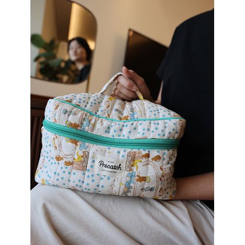 美摘卡通圖案化妝品包大號容量手提箱型護膚品雙開拉鍊布藝收納箱