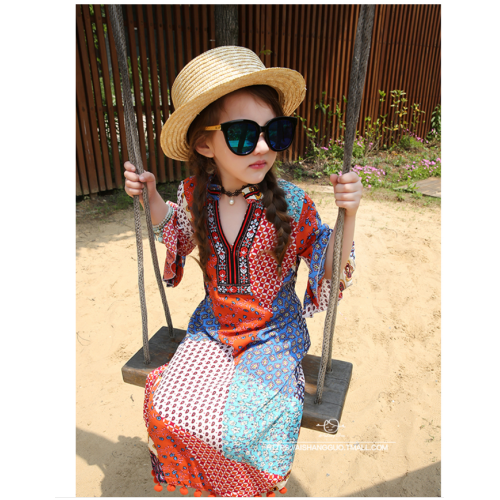 2025新款夏裝女童連衣裙民族風海邊度假沙灘長裙防曬親子裝母女裝