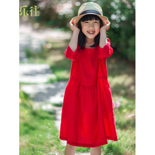 小樂往原創親子裝4課 夏大紅色七分袖草原新疆旅遊穿搭母女連衣裙