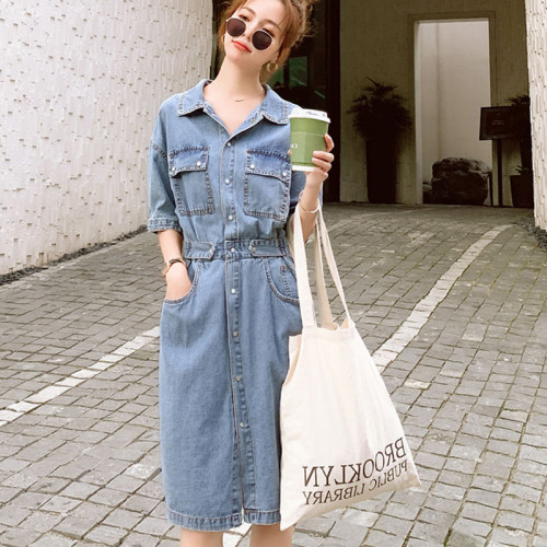 氣質收腰牛仔連衣裙女士夏季新款法式復古修身襯衫連體衣裙子短袖