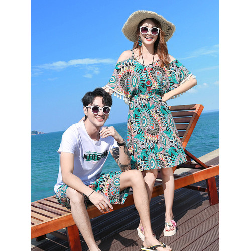沙灘洋氣親子裝一家三口四口夏季波西米亞母女裙新款網紅純棉套裝