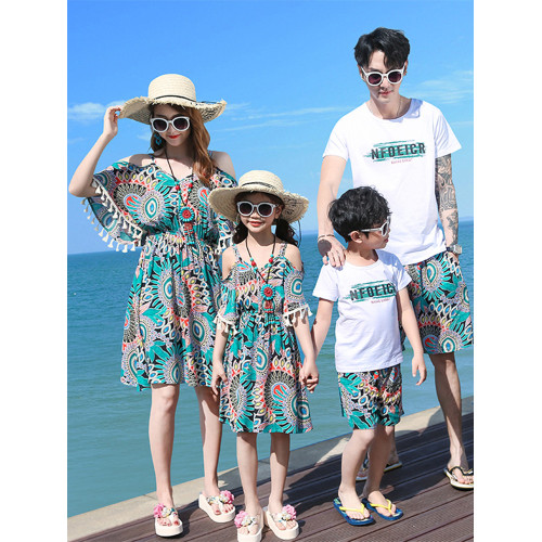沙灘洋氣親子裝一家三口四口夏季波西米亞母女裙新款網紅純棉套裝