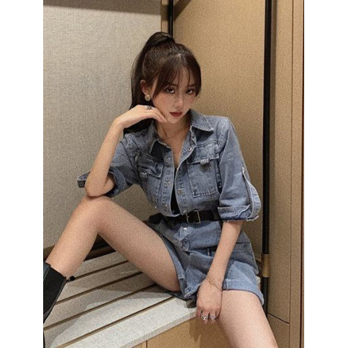 工裝牛仔連體短褲女2025年新款夏季時尚寬松薄款小個子濶腿連體衣