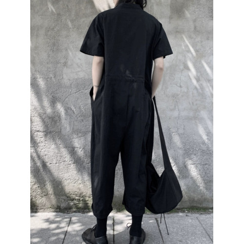 暗黑系短袖連體褲女夏薄款休閒寬松收腰顯瘦九分連體衣套裝濶腿褲