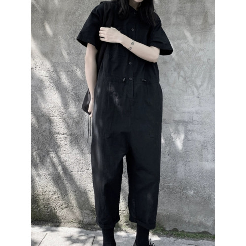 暗黑系短袖連體褲女夏薄款休閒寬松收腰顯瘦九分連體衣套裝濶腿褲