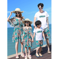 親子裝夏裝2025新款海邊度假一家三口四口母女裝夏季沙灘連衣裙子