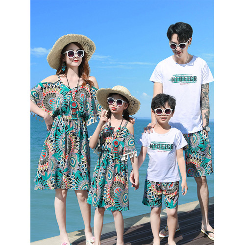 親子裝夏裝2025新款海邊度假一家三口四口母女裝夏季沙灘連衣裙子