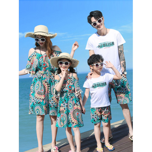 親子裝夏裝2025新款海邊度假一家三口四口母女裝夏季沙灘連衣裙子