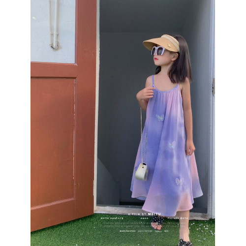 親子裝夏裝2024新款母女裝吊帶暈染蝴蝶連衣裙三亞海邊度假沙灘裙