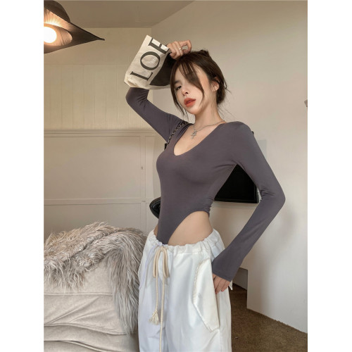 NGMC辣妹性感深v領連體衣露腰高叉帶襠卡檔三角緊身v字上衣彈力衣