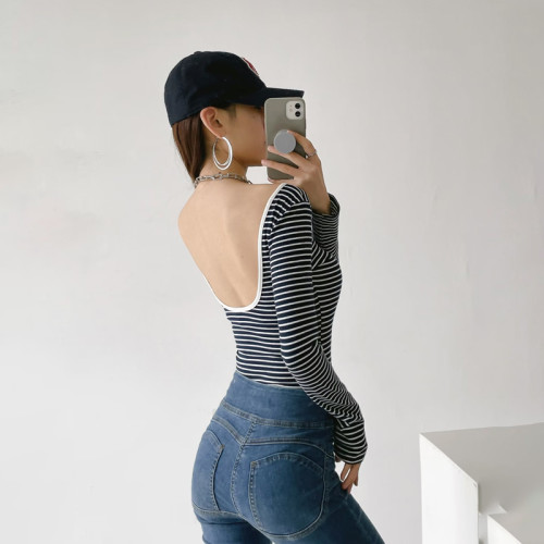 性感辣妹露背U領連體衣女外穿修身細條紋長袖連身t恤打底衫上衣潮
