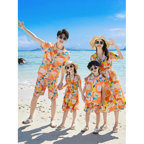 親子裝一家三四口三亞旅遊度假海邊沙灘短袖襯衫套裝母女裝連衣裙