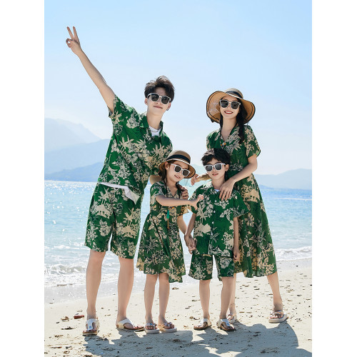 親子裝一家三四口三亞旅遊度假海邊沙灘短袖襯衫套裝母女裝連衣裙