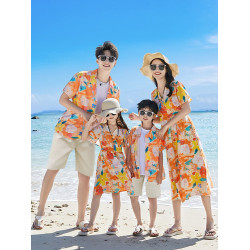 海邊親子裝夏裝一家三四口母子女連衣裙旅遊度假沙灘情侶襯衫套裝