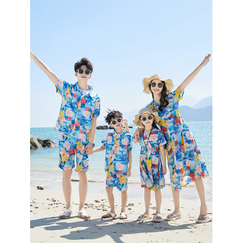 海邊親子裝夏裝一家三四口母子女連衣裙旅遊度假沙灘情侶襯衫套裝