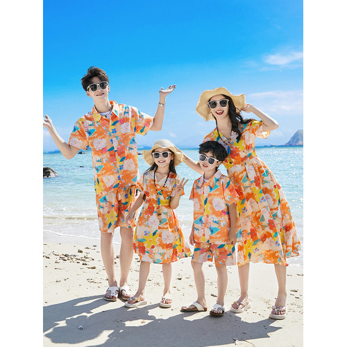 海邊親子裝夏裝一家三四口母子女連衣裙旅遊度假沙灘情侶襯衫套裝