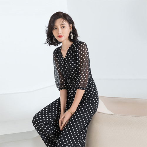 雪紡連體褲2024女夏季波點高腰原創修身濶腿長褲連體衣