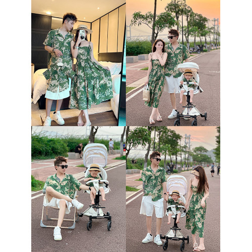炸街親子裝一家三口夏裝新款母子裝母女裝海邊港風花連衣裙襯衫潮