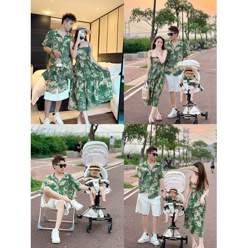 炸街親子裝一家三口夏裝新款母子裝母女裝海邊港風花連衣裙襯衫潮