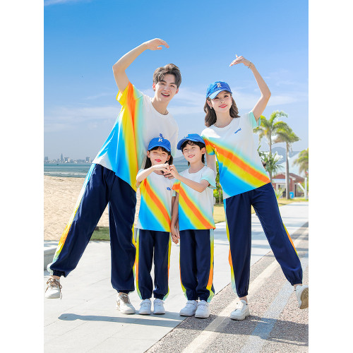 親子裝夏裝一家三口四口炸街母子母女裝漸變休閒運動套裝2025新款