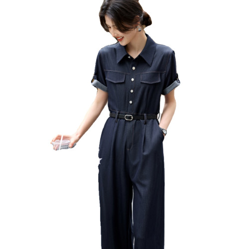 XWI/訢未輕休閒仿牛仔連體褲女夏季通勤簡約收腰顯瘦設計感連體衣
