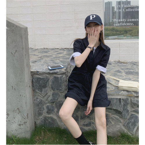 erouy moussy短袖翻領襯衫連體衣套裝女夏新款寬松工裝連體短褲