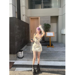 歐美辣妹風蝴蝶結綁帶蕾絲拼接吊帶連體衣2024新款純欲性感上衣
