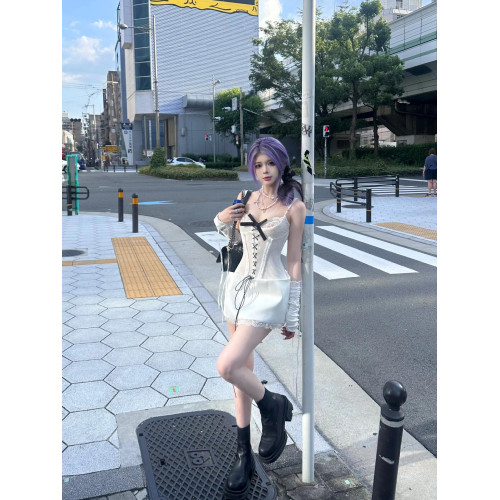 歐美辣妹風蝴蝶結綁帶蕾絲拼接吊帶連體衣2024新款純欲性感上衣