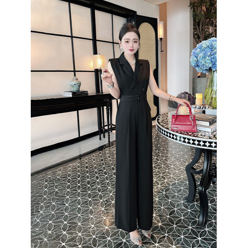 2025夏季新款高級感時尚收腰無袖西裝連體衣女濶腿連體褲簡約套裝
