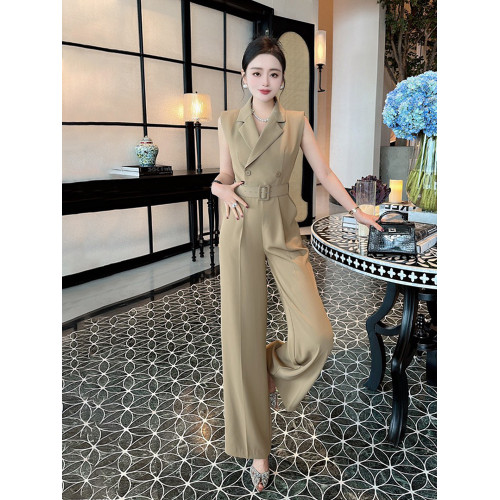 2025夏季新款高級感時尚收腰無袖西裝連體衣女濶腿連體褲簡約套裝