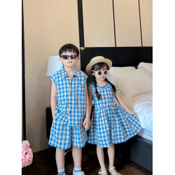 高級親子裝子一家三口夏裝母子裝母女裝小月齡格子襯衫套裝連衣裙