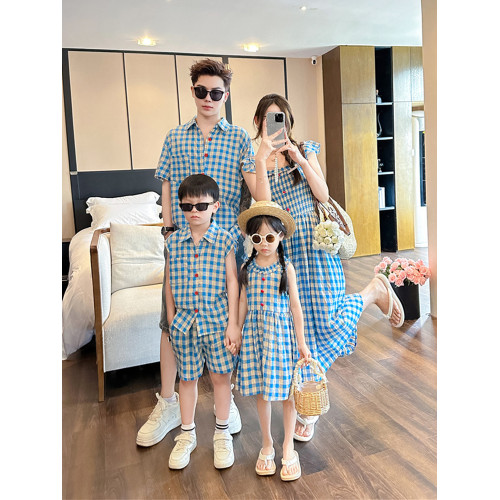 高級親子裝子一家三口夏裝母子裝母女裝小月齡格子襯衫套裝連衣裙