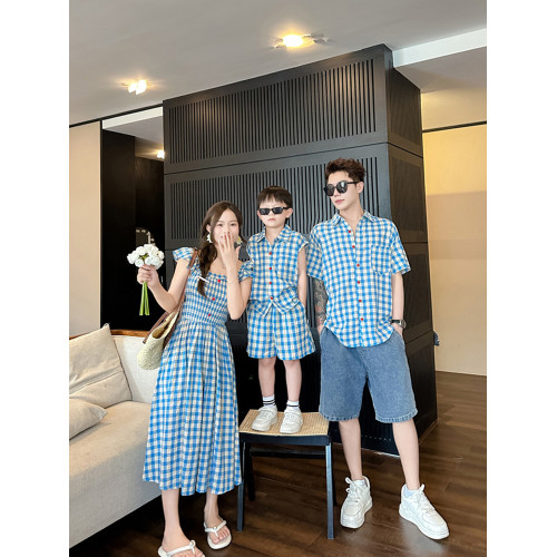 高級親子裝子一家三口夏裝母子裝母女裝小月齡格子襯衫套裝連衣裙