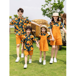 親子裝一家三口四口2025新款母女夏天沙灘海邊襯衫背帶褲套裝夏季