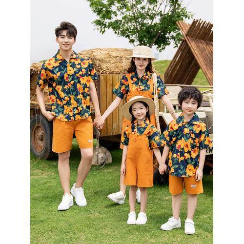 親子裝一家三口四口2025新款母女夏天沙灘海邊襯衫背帶褲套裝夏季
