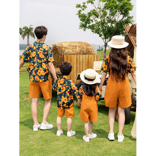 親子裝一家三口四口2025新款母女夏天沙灘海邊襯衫背帶褲套裝夏季