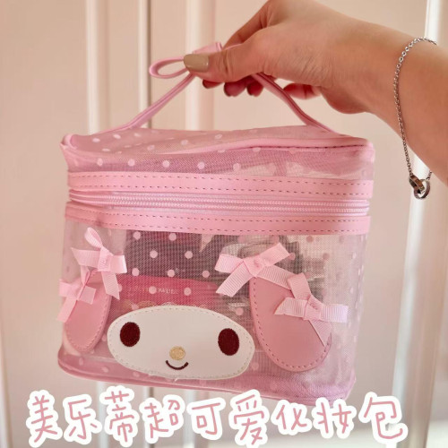 日本可愛卡美樂蒂透明手提大容量化妝包女生少女心蝴蝶結粉色收納