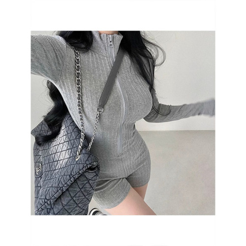 叛逆日記歐美風辣妹立領針織衫連體衣女性感拉鍊修身顯瘦連體短褲