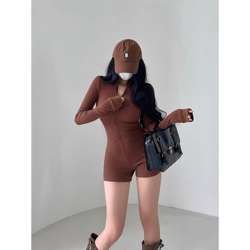 叛逆日記歐美風辣妹立領針織衫連體衣女性感拉鍊修身顯瘦連體短褲