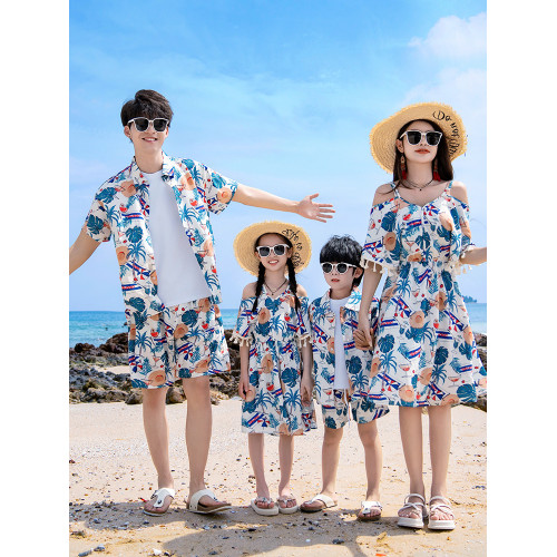 親子裝一家三口四口2025新款海邊沙灘度假洋氣母女連衣裙襯衣套裝