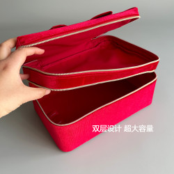 大牌訂單 超美正紅色絲絨蝴蝶結雙層大容量化妝箱 多用途收納包