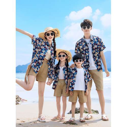 親子裝一家三口2025新款母女夏天沙灘海邊度假襯衫套裝高級感夏季