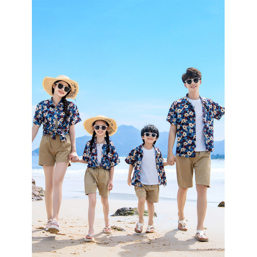 親子裝一家三口2025新款母女夏天沙灘海邊度假襯衫套裝高級感夏季
