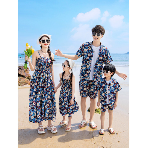 親子裝一家三口2025新款母女夏天沙灘海邊度假襯衫套裝高級感夏季