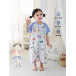 夏季雙層竹棉紗布連體睡衣寶寶家居服嬰兒睡袋兒童短袖睡裙親子裝