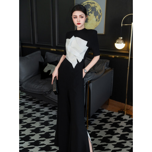 2025春夏季新款氣質立體花瓣修身連體衣女時尚黑白撞色濶腿連體褲