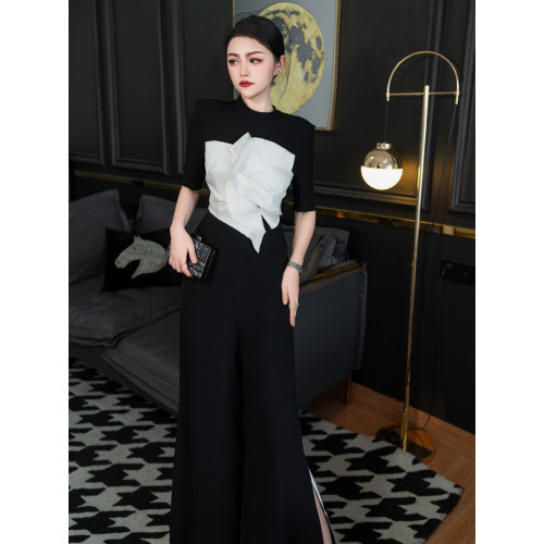 2025春夏季新款氣質立體花瓣修身連體衣女時尚黑白撞色濶腿連體褲